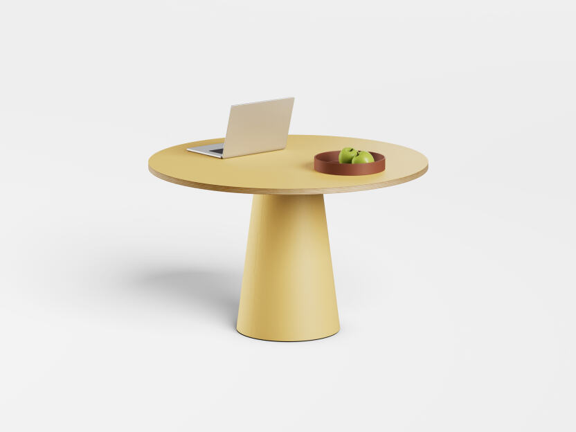 ALT (All Linoleum Table) konisches Tischgestell mit runder Tischplatte. Beschichtet mit Pure Linoleum, designed by Keiji Takeuchi