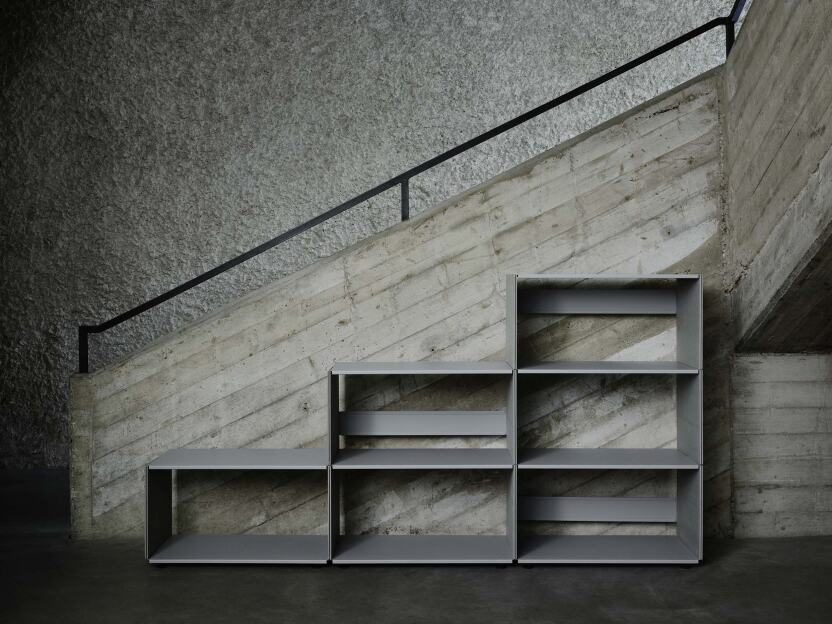 Plusminus shelf with platinum gray MDF side panels without linoleum coating