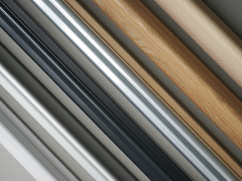 Tele grey, Aluminium matt, Black grey, Aluminium polished, Oak, Ash