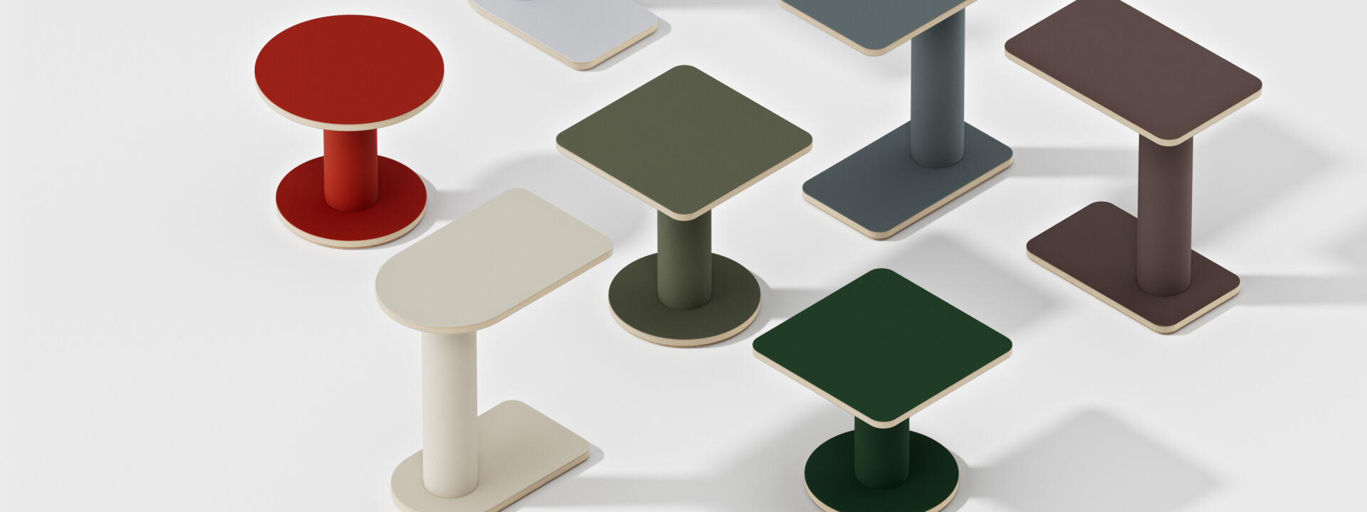 Eine Kollektion von OFF-CUT Beistelltischen, entworfen von BIG-GAME, erhältlich in halbrunden, rechteckigen, runden und quadratischen Formaten, mit verschiedenen Linoleum-Farbkombinationen.