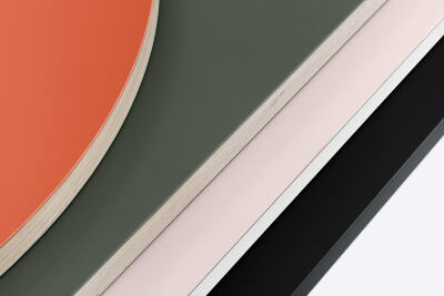 A series of wooden surfaces with different linoleum-lined colours and types of edges