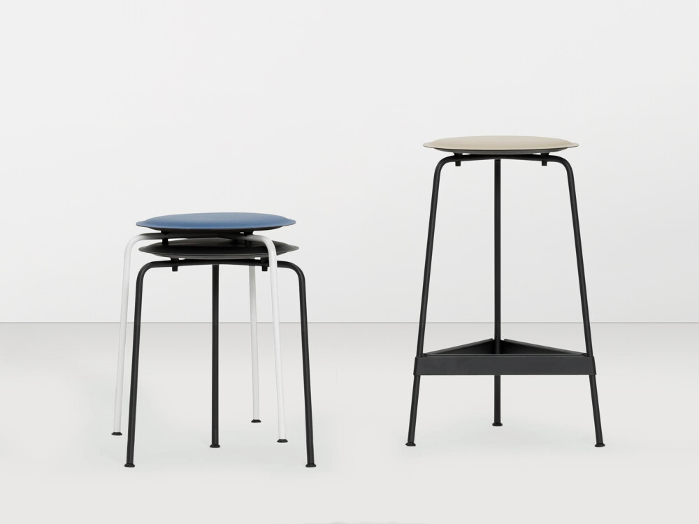 RAVIOLI stools and bar stools with linoleum seats in various colours and frames against a white background.