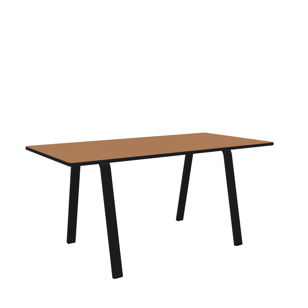 DIN Table - Shape Square - Length 160.00 cm - Width 80.00 cm - Radius 2.60 cm - Thickness 2.1 cm - Freeform 1.00000000 - Surface Linoleum, 4003 Walnut - Core MDF - Edge MDF, Black - Profile Edge 90° / DIN Table Frame - Material and Colour Powder-coated steel, Jet Black (RAL 9005) - Width S - Set 2 Pieces