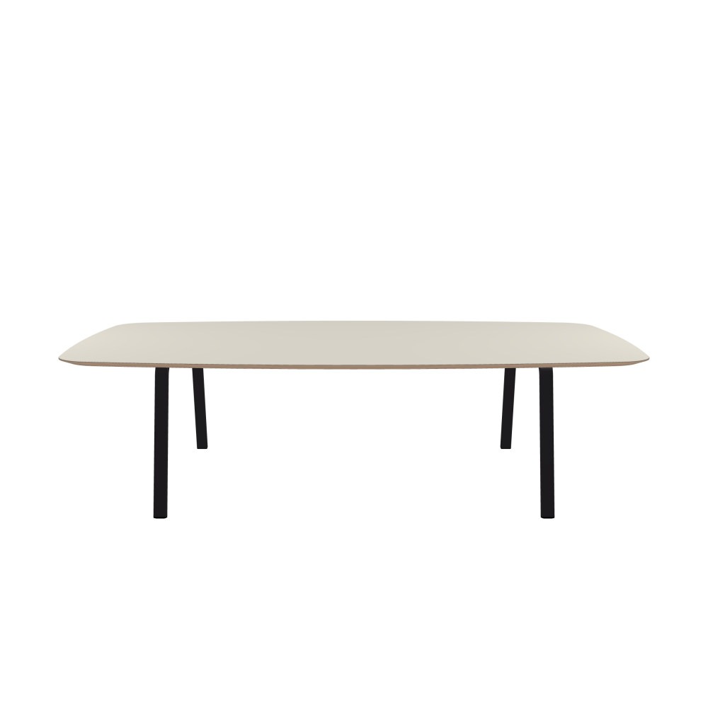DIN Tisch - Form Tonnenform rund - Länge 280,00 cm - Tiefe 160,00 cm - Radius 18,00 cm - Stärke 2,6 cm - Freiformfläche 1.00000000 - Oberseite Linoleum, 4176 Mushroom - Kern Multiplex Birke - Kantenschräge 25° / DIN Tischgestell - Materialien und Farben Pulverbeschichteter Stahl, Jet Black (RAL 9005) - Breite XL - Set 2 Stück