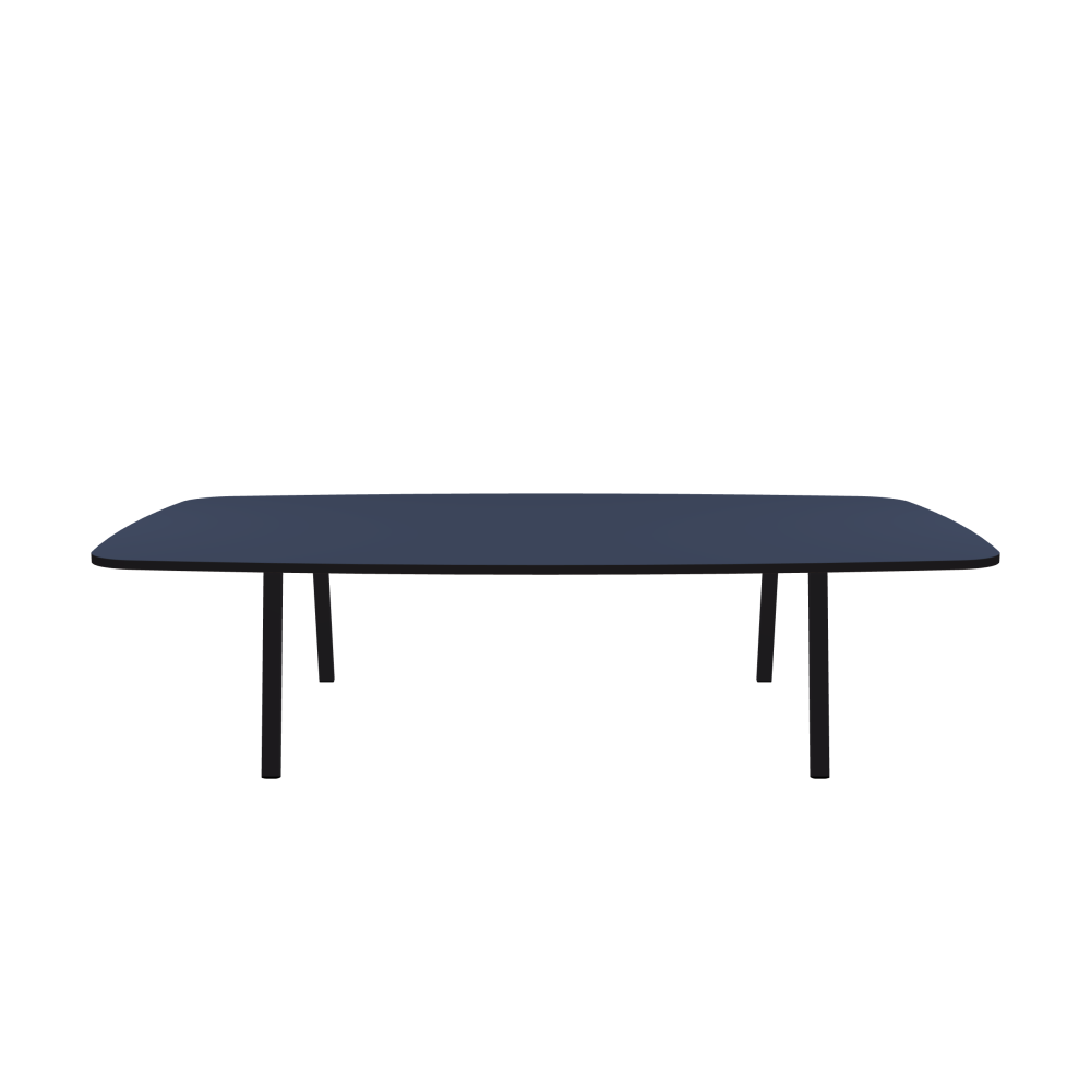 DIN Tisch - Form Tonnenform rund - Länge 300,00 cm - Tiefe 180,00 cm - Radius 20,00 cm - Stärke 3 cm - Freiformfläche 1.00000000 - Oberseite Linoleum, 4179 Smokey Blue - Kern Stäbchenplatte - Kante Linoleum, 4166 Charcoal - Kantenschräge 90° / DIN Tischgestell - Materialien und Farben Pulverbeschichteter Stahl, Jet Black (RAL 9005) - Breite XL - Set 2 Stück