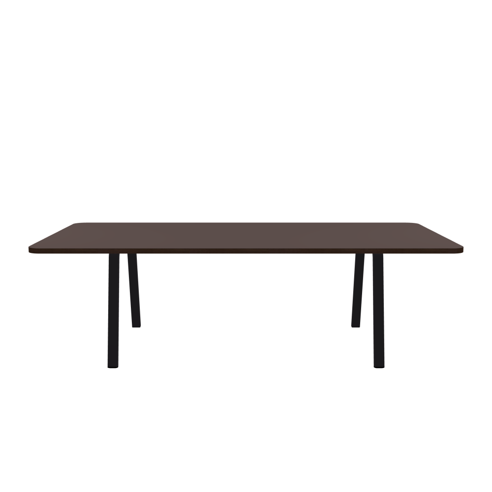 DIN Table - Shape Square - Length 250.00 cm - Width 120.00 cm - Radius 8.00 cm - Thickness 3 cm - Freeform 1.00000000 - Surface Linoleum, 4172 Mauve - Core Laminboard - Edge Wood, Fumed Oak - Profile Edge 90° / DIN Table Frame - Material and Colour Powder-coated steel, Jet Black (RAL 9005) - Width M - Set 2 Pieces
