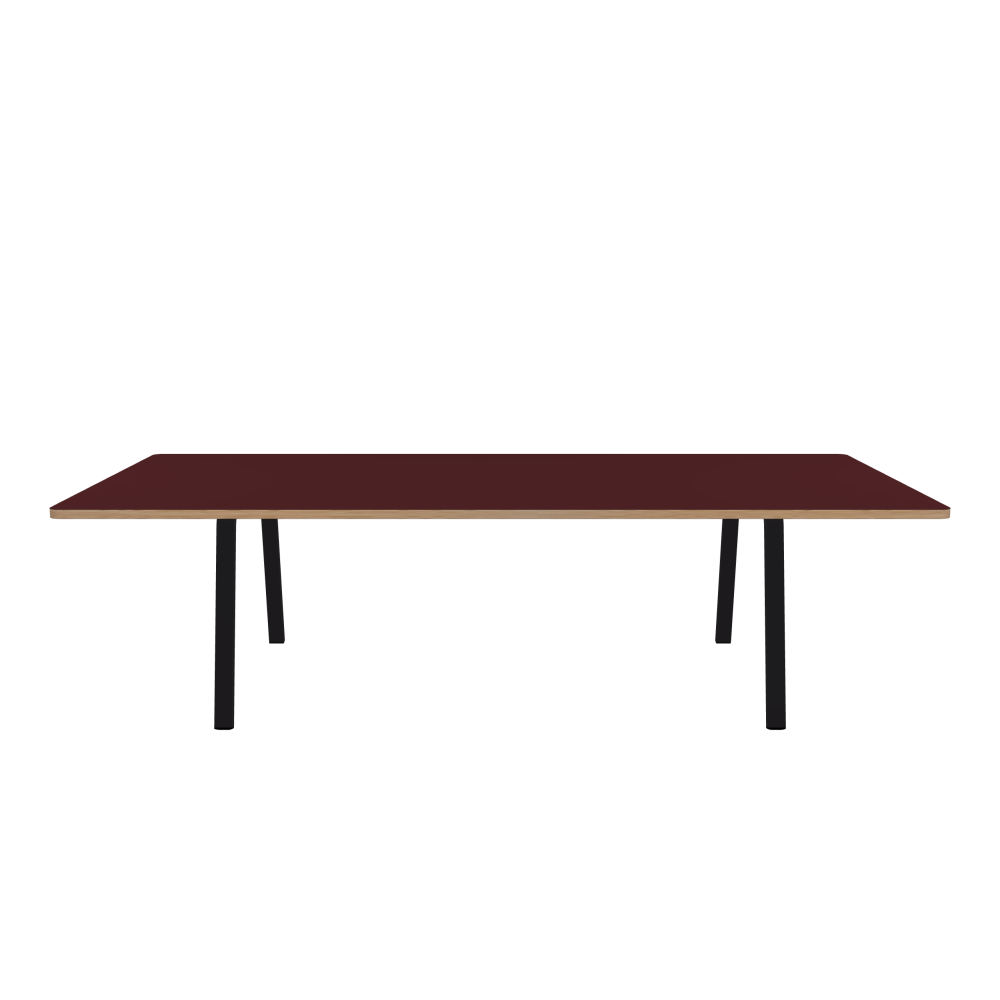 DIN Table - Shape Square - Length 280.00 cm - Width 140.00 cm - Radius 4.00 cm - Thickness 3 cm - Surface Linoleum, 4154 Burgundy - Core Laminboard - Edge Wood, Larch - Profile Edge 90° / DIN Table Frame - Material and Colour Powder-coated steel, Jet Black (RAL 9005) - Width L - Set 2 Pieces