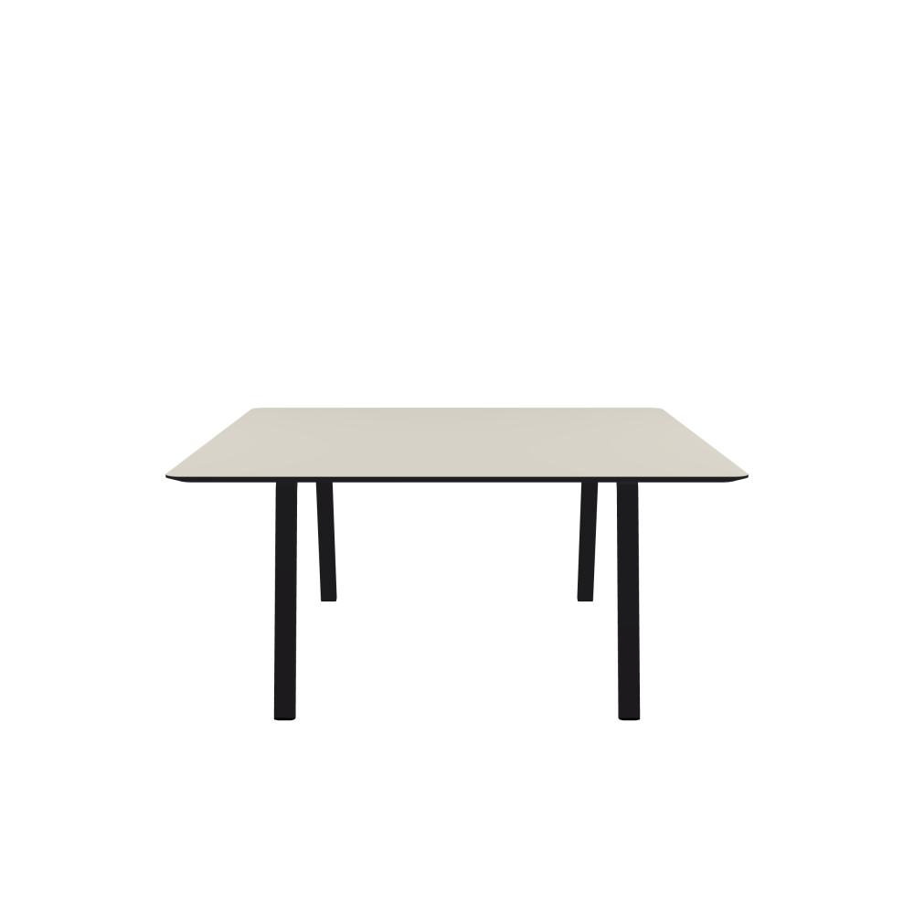 DIN Table - Shape Square - Length 160.00 cm - Width 160.00 cm - Radius 5.00 cm - Thickness 2.1 cm - Freeform 1.00000000 - Surface Linoleum, 4176 Mushroom - Core MDF - Edge MDF, Black - Profile Edge 25° / DIN Table Frame - Material and Colour Powder-coated steel, Jet Black (RAL 9005) - Width XL - Set 2 Pieces
