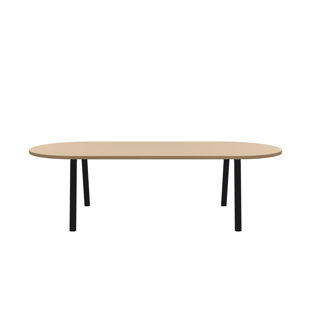 DIN Table - Shape Square - Length 260.00 cm - Width 110.00 cm - Radius 55.00 cm - Thickness 3 cm - Freeform 1.00000000 - Surface Linoleum, 4007 Macadamia - Core Laminboard - Edge Wood, Oak - Profile Edge 90° / DIN Table Frame - Material and Colour Powder-coated steel, Jet Black (RAL 9005) - Width M - Set 2 Pieces