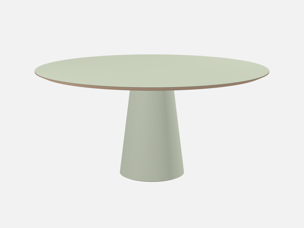 ALT Table by Keiji Takeuchi featuring a round tabletop in light green linoleum.