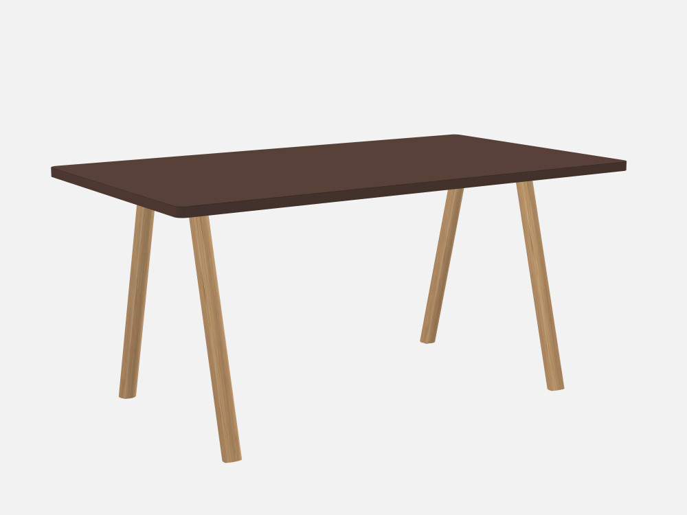 DIN PLUS Table by Michel Charlot with wooden round legs and a brown linoleum surface