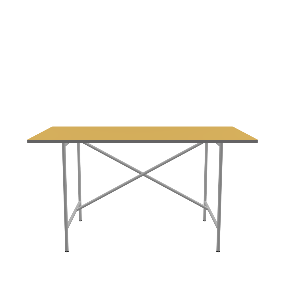 E2 Table - Shape Square - Length 140.00 cm - Width 70.00 cm - Radius 1.00 cm - Thickness 2.1 cm - Freeform 1.00000000 - Surface Linoleum, S588 Pure Linoleum - Core MDF - Edge MDF, Grey - Profile Edge 90° / E2 Table Frame - Material and Colour Steel, White aluminium (RAL 9006) - Cross bar Shifted - Length 100 cm - Width 60 cm - Height 72 cm