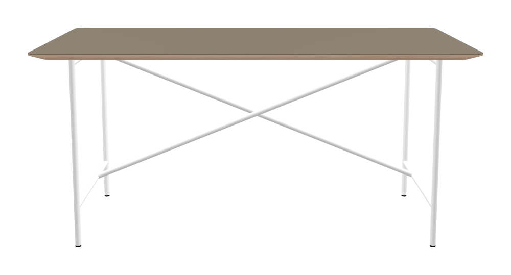 E2 Table - Shape Square - Length 160.00 cm - Width 80.00 cm - Radius 4.00 cm - Thickness 2.6 cm - Freeform 1.00000000 - Surface Linoleum, 4011 Taupe - Core Birch Plywood - Profile Edge 25° / E2 Table Frame - Material and Colour Steel, Traffic white (RAL 9016) - Cross bar Shifted - Length 135 cm - Width 60 cm - Height 72 cm