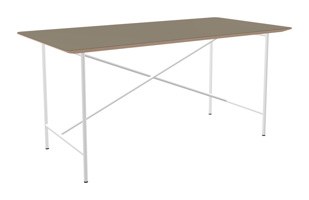 E2 Table - Shape Square - Length 160.00 cm - Width 80.00 cm - Radius 4.00 cm - Thickness 2.6 cm - Freeform 1.00000000 - Surface Linoleum, 4011 Taupe - Core Birch Plywood - Profile Edge 25° / E2 Table Frame - Material and Colour Steel, Traffic white (RAL 9016) - Cross bar Shifted - Length 135 cm - Width 60 cm - Height 72 cm