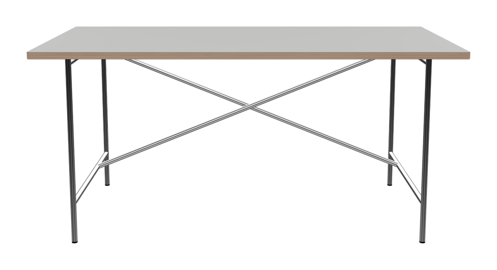 E2 Table - Shape Square - Length 160.00 cm - Width 80.00 cm - Radius 1.00 cm - Thickness 2.6 cm - Freeform 1.00000000 - Surface Linoleum, 4175 Pebble - Core Birch Plywood - Profile Edge 90° / E2 Table Frame - Material and Colour Steel, Chrome-plated - Cross bar Shifted - Length 135 cm - Width 70 cm - Height 72 cm