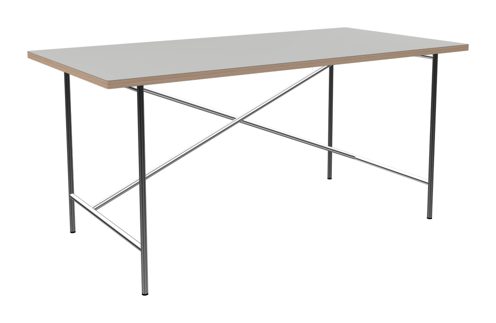 E2 Table - Shape Square - Length 160.00 cm - Width 80.00 cm - Radius 1.00 cm - Thickness 2.6 cm - Freeform 1.00000000 - Surface Linoleum, 4175 Pebble - Core Birch Plywood - Profile Edge 90° / E2 Table Frame - Material and Colour Steel, Chrome-plated - Cross bar Shifted - Length 135 cm - Width 70 cm - Height 72 cm
