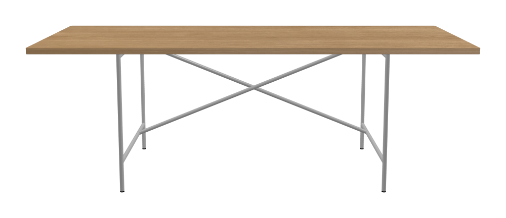 E2 Table - Shape Square - Length 220.00 cm - Width 90.00 cm - Radius 1.00 cm - Thickness 2.9 cm - Surface Wood Veneer, Oak - Core Laminboard - Edge Wood, Oak - Profile Edge 90° / E2 Table Frame - Material and Colour Steel, White aluminium (RAL 9006) - Cross bar Shifted - Length 135 cm - Width 78 cm - Height 72 cm