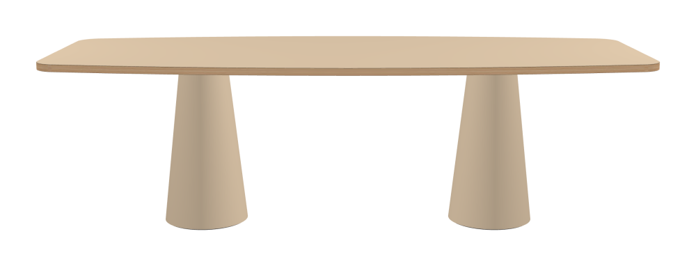 ALT Table - Shape Hard Barrel - Length 250.00 cm - Width 100.00 cm - Radius 10.00 cm - Thickness 3 cm - Freeform 1.00000000 - Surface Linoleum, 4007 Macadamia - Core Laminboard - Edge Wood, Larch - Profile Edge 90° / ALT Table Stand - Surface Linoleum, 4007 Macadamia - Size S: Ø 36 × H 72 cm