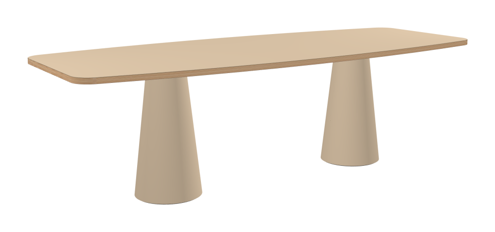 ALT Table - Shape Hard Barrel - Length 250.00 cm - Width 100.00 cm - Radius 10.00 cm - Thickness 3 cm - Freeform 1.00000000 - Surface Linoleum, 4007 Macadamia - Core Laminboard - Edge Wood, Larch - Profile Edge 90° / ALT Table Stand - Surface Linoleum, 4007 Macadamia - Size S: Ø 36 × H 72 cm