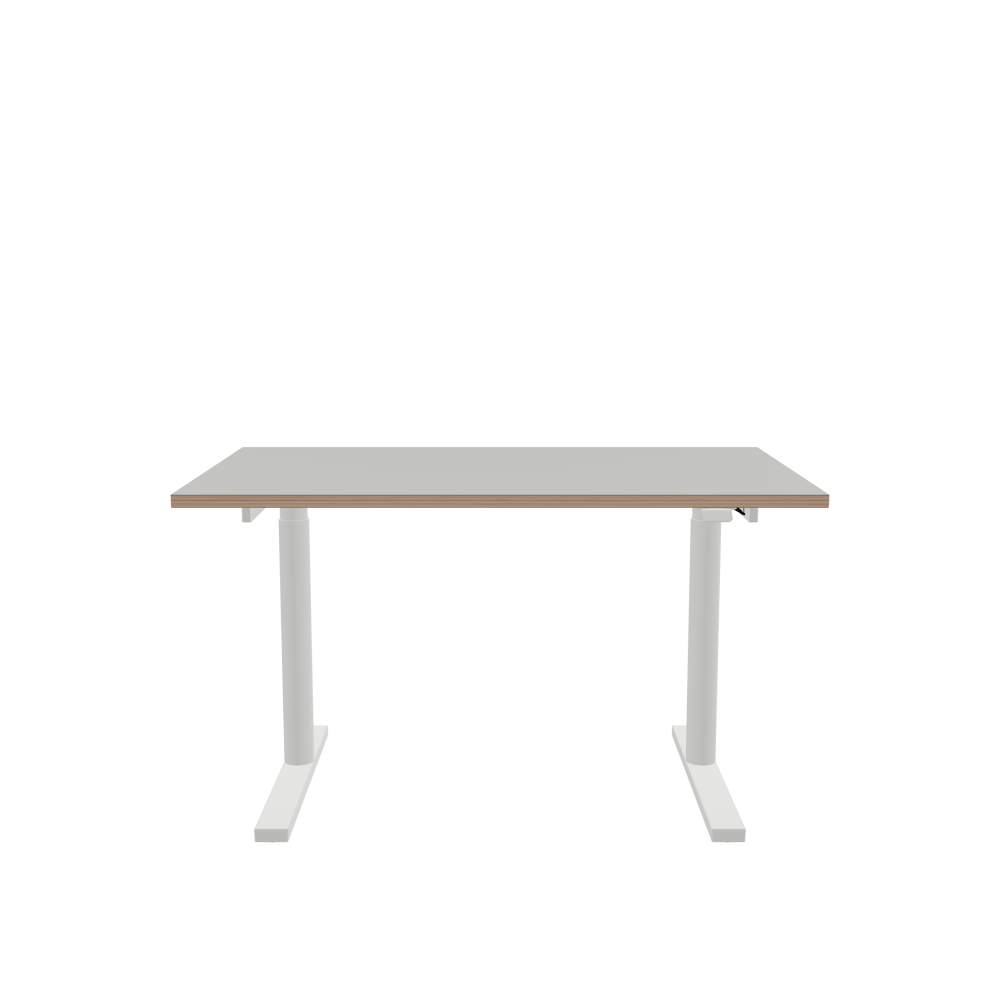ATS Desk - Shape Square - Length 130.00 cm - Width 80.00 cm - Radius 0.30 cm - Thickness 2.6 cm - Surface Linoleum, 4175 Pebble - Core Birch Plywood - Profile Edge 90° / ATS Desk Frame - Material and Colour Powder coated, Traffic white (RAL 9016) - Size L 106 × W 71 cm - Lifting Columns Round - Control Unit Standard