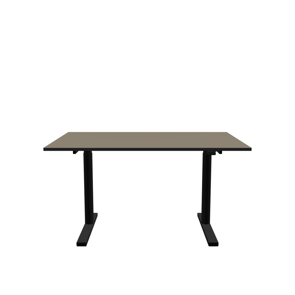 ATS Desk - Shape Square - Length 140.00 cm - Width 90.00 cm - Radius 0.30 cm - Thickness 2.1 cm - Surface Linoleum, 4011 Taupe - Core MDF - Edge MDF, Black - Profile Edge 90° / ATS Desk Frame - Material and Colour Powder coated, Jet black (RAL 9005) - Size L 106 × W 71 cm - Lifting Columns Round - Control Unit Standard