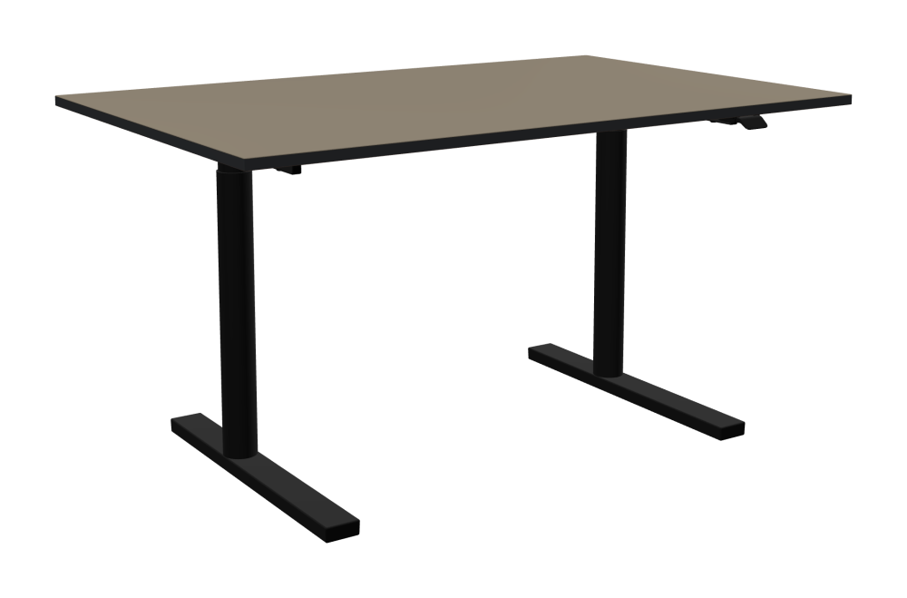 ATS Desk - Shape Square - Length 140.00 cm - Width 90.00 cm - Radius 0.30 cm - Thickness 2.1 cm - Surface Linoleum, 4011 Taupe - Core MDF - Edge MDF, Black - Profile Edge 90° / ATS Desk Frame - Material and Colour Powder coated, Jet black (RAL 9005) - Size L 106 × W 71 cm - Lifting Columns Round - Control Unit Standard