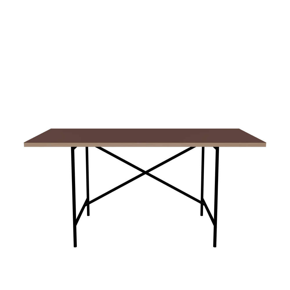 E2 Table - Shape Square - Length 160.00 cm - Width 80.00 cm - Radius 0.30 cm - Thickness 2.9 cm - Surface Linoleum, 4009 Espresso - Core Birch Plywood - Profile Edge 90° / E2 Table Frame - Material and Colour Steel, Jet black (RAL 9005) - Cross bar Shifted - Length 100 cm - Width 70 cm - Height 72 cm