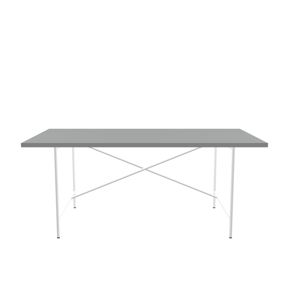 E2 Table - Shape Square - Length 180.00 cm - Width 90.00 cm - Radius 0.30 cm - Thickness 3 cm - Surface Linoleum, 4132 Ash - Core Laminboard - Edge Linoleum, 4132 Ash - Profile Edge 90° / E2 Table Frame - Material and Colour Steel, Traffic white (RAL 9016) - Cross bar Shifted - Length 135 cm - Width 78 cm - Height 72 cm