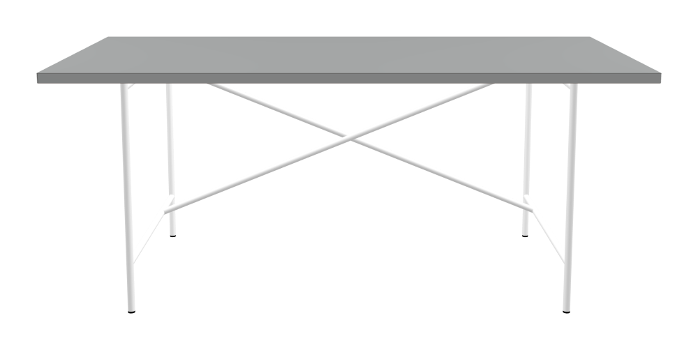 E2 Table - Shape Square - Length 180.00 cm - Width 90.00 cm - Radius 0.30 cm - Thickness 3 cm - Surface Linoleum, 4132 Ash - Core Laminboard - Edge Linoleum, 4132 Ash - Profile Edge 90° / E2 Table Frame - Material and Colour Steel, Traffic white (RAL 9016) - Cross bar Shifted - Length 135 cm - Width 78 cm - Height 72 cm