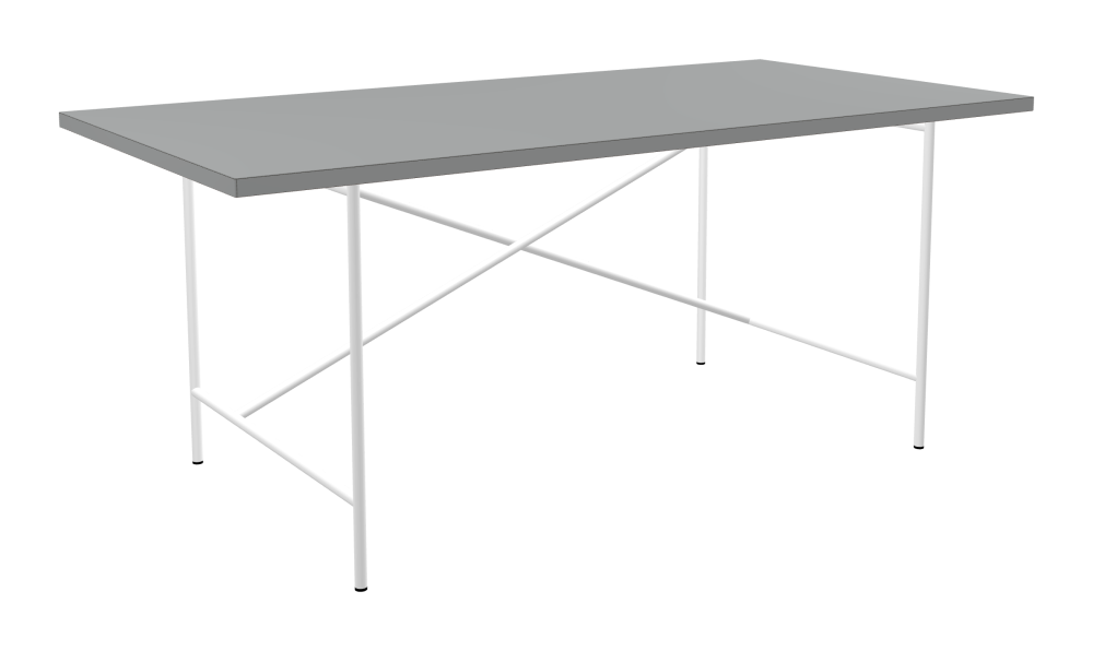 E2 Table - Shape Square - Length 180.00 cm - Width 90.00 cm - Radius 0.30 cm - Thickness 3 cm - Surface Linoleum, 4132 Ash - Core Laminboard - Edge Linoleum, 4132 Ash - Profile Edge 90° / E2 Table Frame - Material and Colour Steel, Traffic white (RAL 9016) - Cross bar Shifted - Length 135 cm - Width 78 cm - Height 72 cm