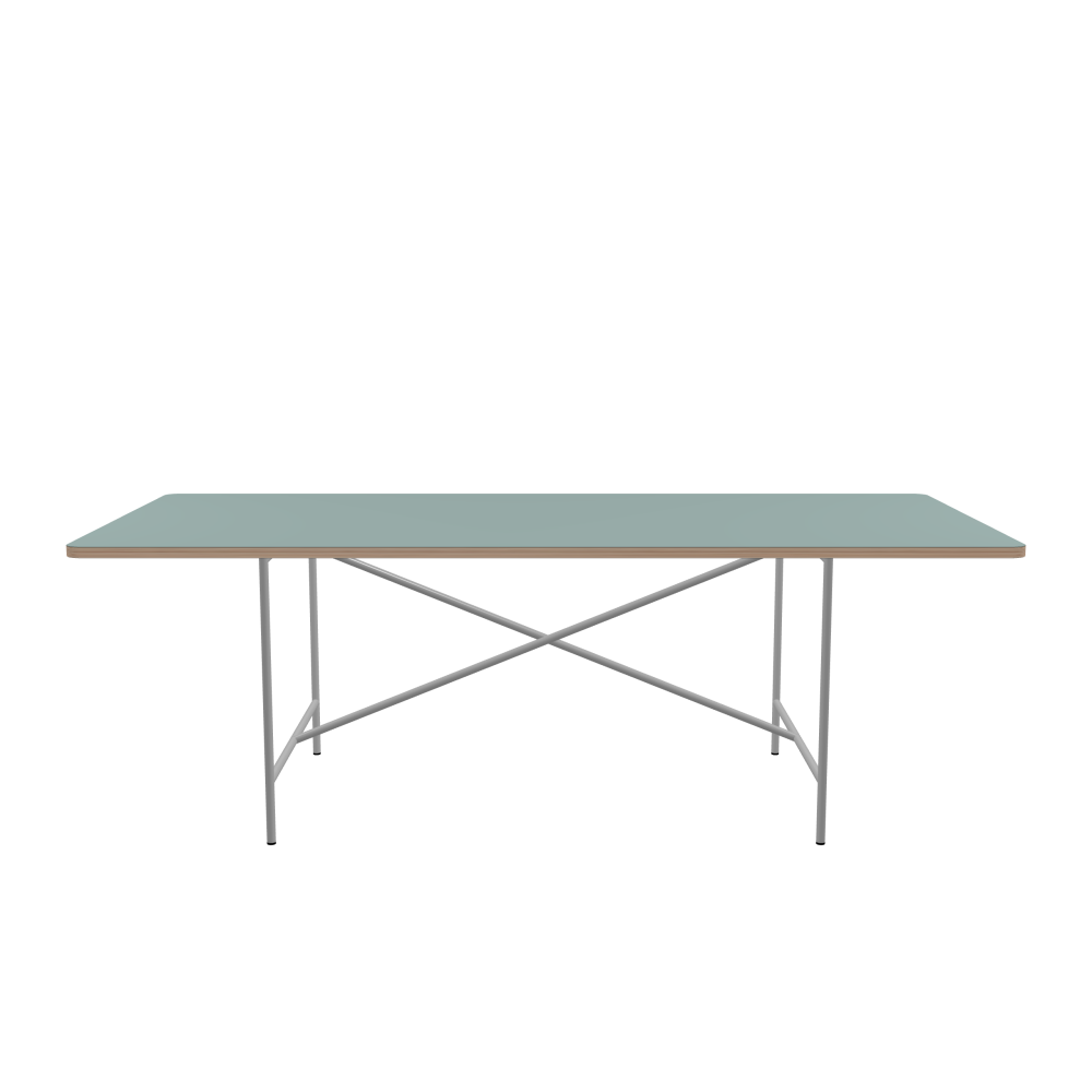 E2 Table - Shape Square - Length 220.00 cm - Width 100.00 cm - Radius 4.00 cm - Thickness 2.6 cm - Freeform 1.00000000 - Surface Linoleum, 4004 Blue Haze - Core Birch Plywood - Profile Edge 90° / E2 Table Frame - Material and Colour Steel, White aluminium (RAL 9006) - Cross bar Centered - Length 135 cm - Width 78 cm - Height 72 cm