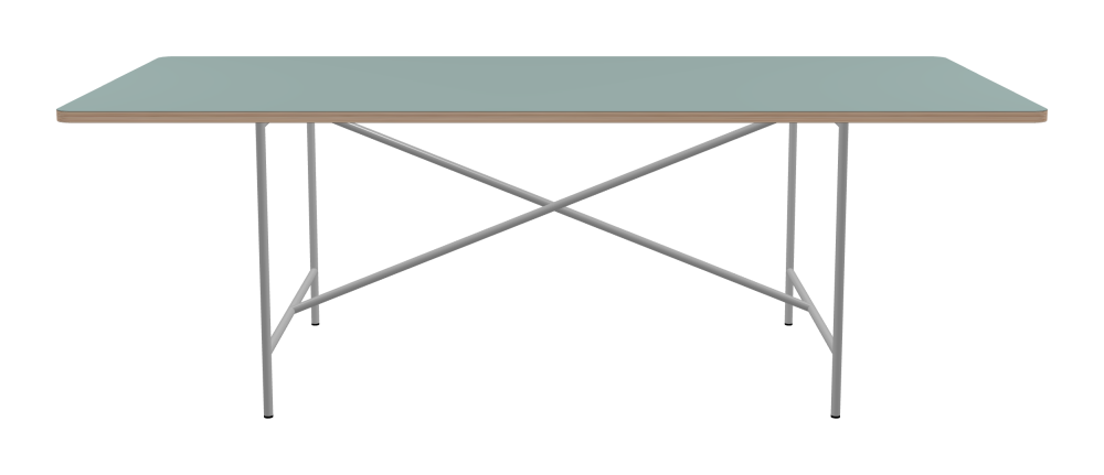 E2 Table - Shape Square - Length 220.00 cm - Width 100.00 cm - Radius 4.00 cm - Thickness 2.6 cm - Freeform 1.00000000 - Surface Linoleum, 4004 Blue Haze - Core Birch Plywood - Profile Edge 90° / E2 Table Frame - Material and Colour Steel, White aluminium (RAL 9006) - Cross bar Centered - Length 135 cm - Width 78 cm - Height 72 cm
