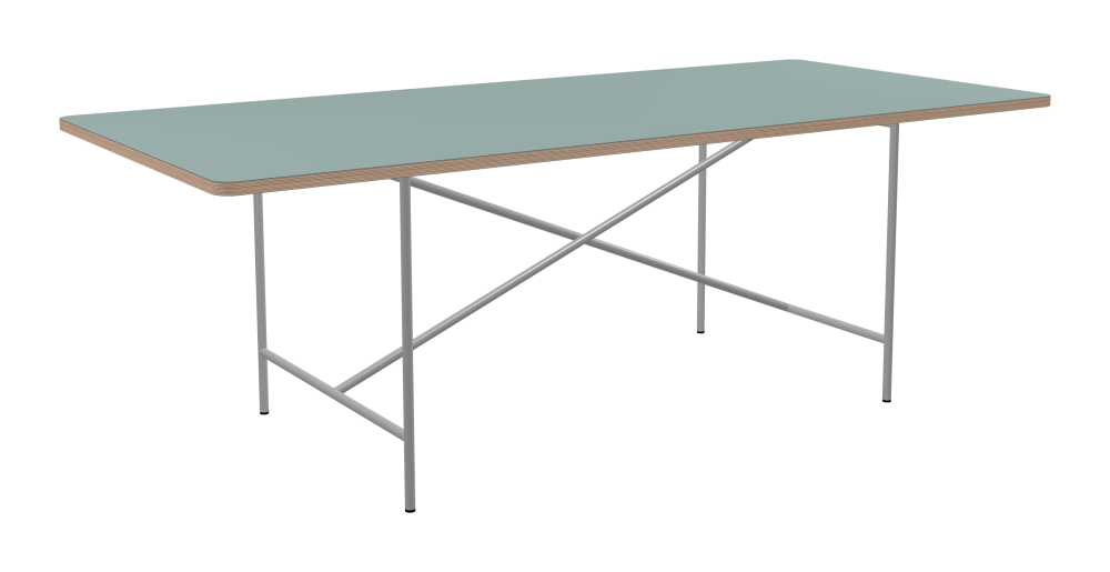 E2 Table - Shape Square - Length 220.00 cm - Width 100.00 cm - Radius 4.00 cm - Thickness 2.6 cm - Freeform 1.00000000 - Surface Linoleum, 4004 Blue Haze - Core Birch Plywood - Profile Edge 90° / E2 Table Frame - Material and Colour Steel, White aluminium (RAL 9006) - Cross bar Centered - Length 135 cm - Width 78 cm - Height 72 cm