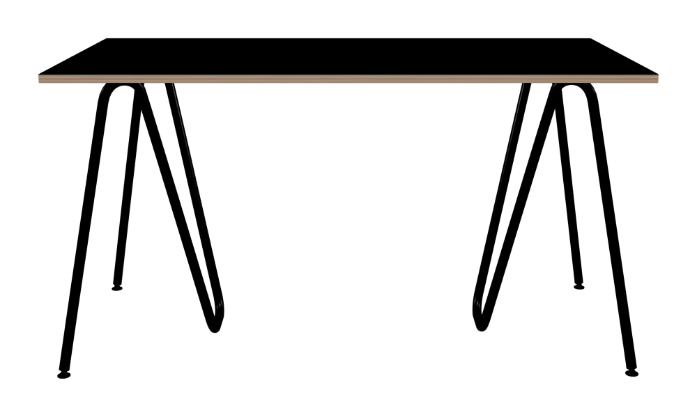 SINUS Table - Shape Square - Length 140.00 cm - Width 70.00 cm - Radius 0.30 cm - Thickness 2 cm - Surface Linoleum, 4023 Nero - Core Birch Plywood - Profile Edge 90° / SINUS Trestles - Material and Colour Steel, Powder-coated, Jet black (RAL 9005) - Size M: L 63 × W 36 × H 72 cm