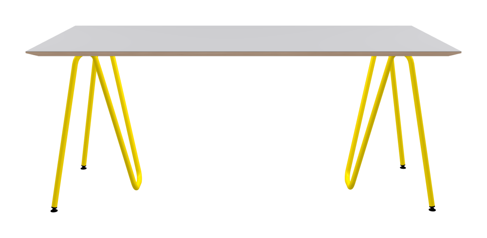 SINUS Table - Shape Square - Length 180.00 cm - Width 90.00 cm - Radius 0.30 cm - Thickness 2.6 cm - Surface Linoleum, 4177 Vapour - Core Birch Plywood - Profile Edge 25° / SINUS Trestles - Material and Colour Steel, Powder-coated, Zinc yellow (RAL 1018) - Size M: L 63 × W 36 × H 72 cm