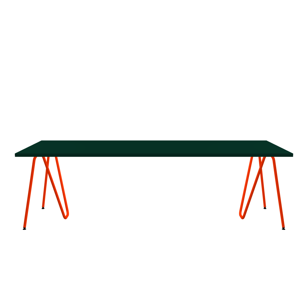 SINUS Tisch - Form Eckig - Länge 250,00 cm - Tiefe 95,00 cm - Radius 0,30 cm - Stärke 3 cm - Oberseite Linoleum, 4174 Conifer - Kern Stäbchenplatte - Kante Linoleum, 4174 Conifer - Kantenschräge 90° / SINUS Tischböcke - Material und Farbe Stahl, Pulverbeschichtet, Blutorange (RAL 2002) - Größe L: L 74 × B 36 × H 72 cm