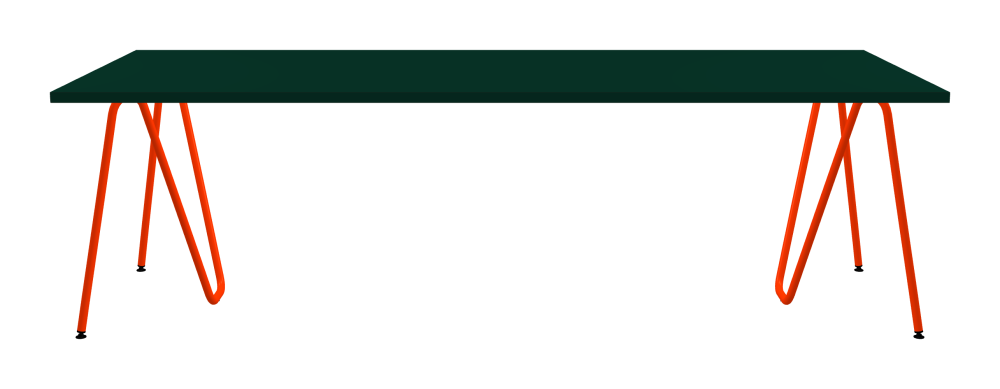 SINUS Table - Shape Square - Length 250.00 cm - Width 95.00 cm - Radius 0.30 cm - Thickness 3 cm - Surface Linoleum, 4174 Conifer - Core Laminboard - Edge Linoleum, 4174 Conifer - Profile Edge 90° / SINUS Trestles - Material and Colour Steel, Powder-coated, Blood orange (RAL 2002) - Size L: L 74 × W 36 × H 72 cm