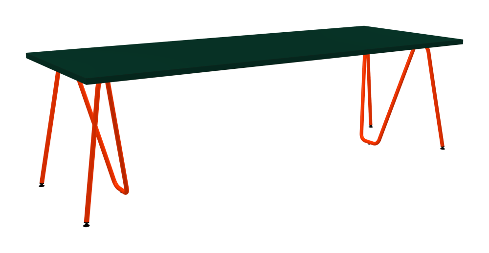 SINUS Table - Shape Square - Length 250.00 cm - Width 95.00 cm - Radius 0.30 cm - Thickness 3 cm - Surface Linoleum, 4174 Conifer - Core Laminboard - Edge Linoleum, 4174 Conifer - Profile Edge 90° / SINUS Trestles - Material and Colour Steel, Powder-coated, Blood orange (RAL 2002) - Size L: L 74 × W 36 × H 72 cm