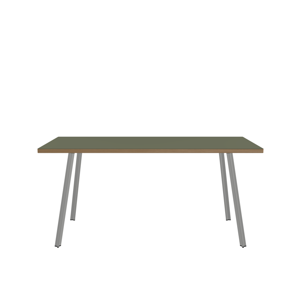 BEAM Tisch - Form Eckig - Länge 160,00 cm - Tiefe 70,00 cm - Radius 1,00 cm - Stärke 3 cm - Oberseite Linoleum, 4184 Olive - Kern Stäbchenplatte - Kante Holz, Eiche - Kantenschräge 90° / BEAM Tischbeine - Material und Farbe Aluminium, matt eloxiert - Profilgröße Klein - Höhe 71 cm - Set 4 Tischbeine