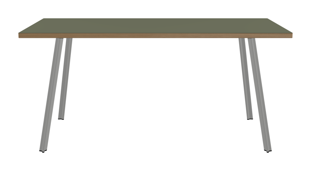 BEAM Table - Shape Square - Length 160.00 cm - Width 70.00 cm - Radius 1.00 cm - Thickness 3 cm - Surface Linoleum, 4184 Olive - Core Laminboard - Edge Wood, Oak - Profile Edge 90° / BEAM Table Legs - Material and Colour Aluminium, matt anodised - Profile strength Small - Height 71 cm - Set 4 Legs