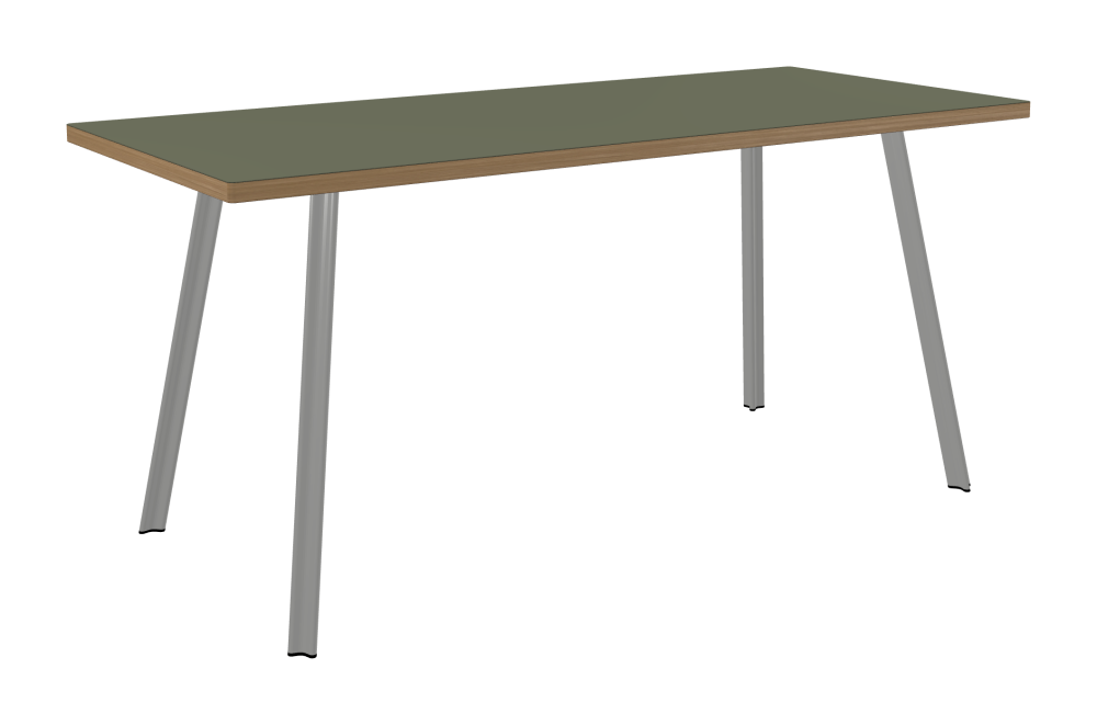 BEAM Table - Shape Square - Length 160.00 cm - Width 70.00 cm - Radius 1.00 cm - Thickness 3 cm - Surface Linoleum, 4184 Olive - Core Laminboard - Edge Wood, Oak - Profile Edge 90° / BEAM Table Legs - Material and Colour Aluminium, matt anodised - Profile strength Small - Height 71 cm - Set 4 Legs