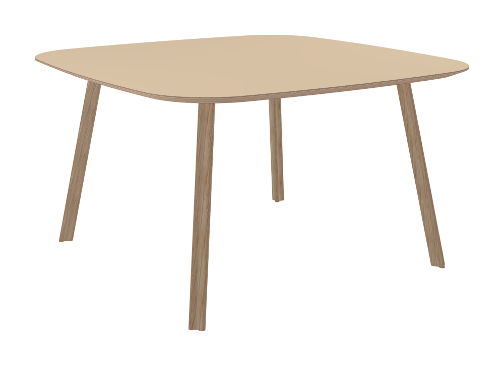 BEAM Table - Shape Soft Barrel - Length 130.00 cm - Width 130.00 cm - Radius 24.00 cm - Thickness 2.6 cm - Freeform 1.00000000 - Surface Linoleum, 4007 Macadamia - Core Birch Plywood - Profile Edge 25° / BEAM Table Legs - Material and Colour Wood, oak, matt oiled - Profile strength Standard - Height 71 cm - Set 4 Legs