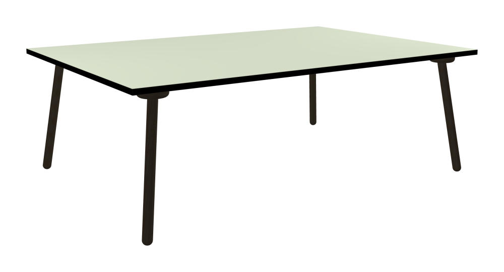 MT2 Table - Shape Square - Length 220.00 cm - Width 150.00 cm - Radius 0.30 cm - Thickness 3 cm - Surface Linoleum, 4183 Pistachio - Core Laminboard - Edge Linoleum, 4023 Nero - Profile Edge 90° / MT2 Table Legs - Material and Colour Wood, Oak, black stained, matt oiled - Set 4 Legs