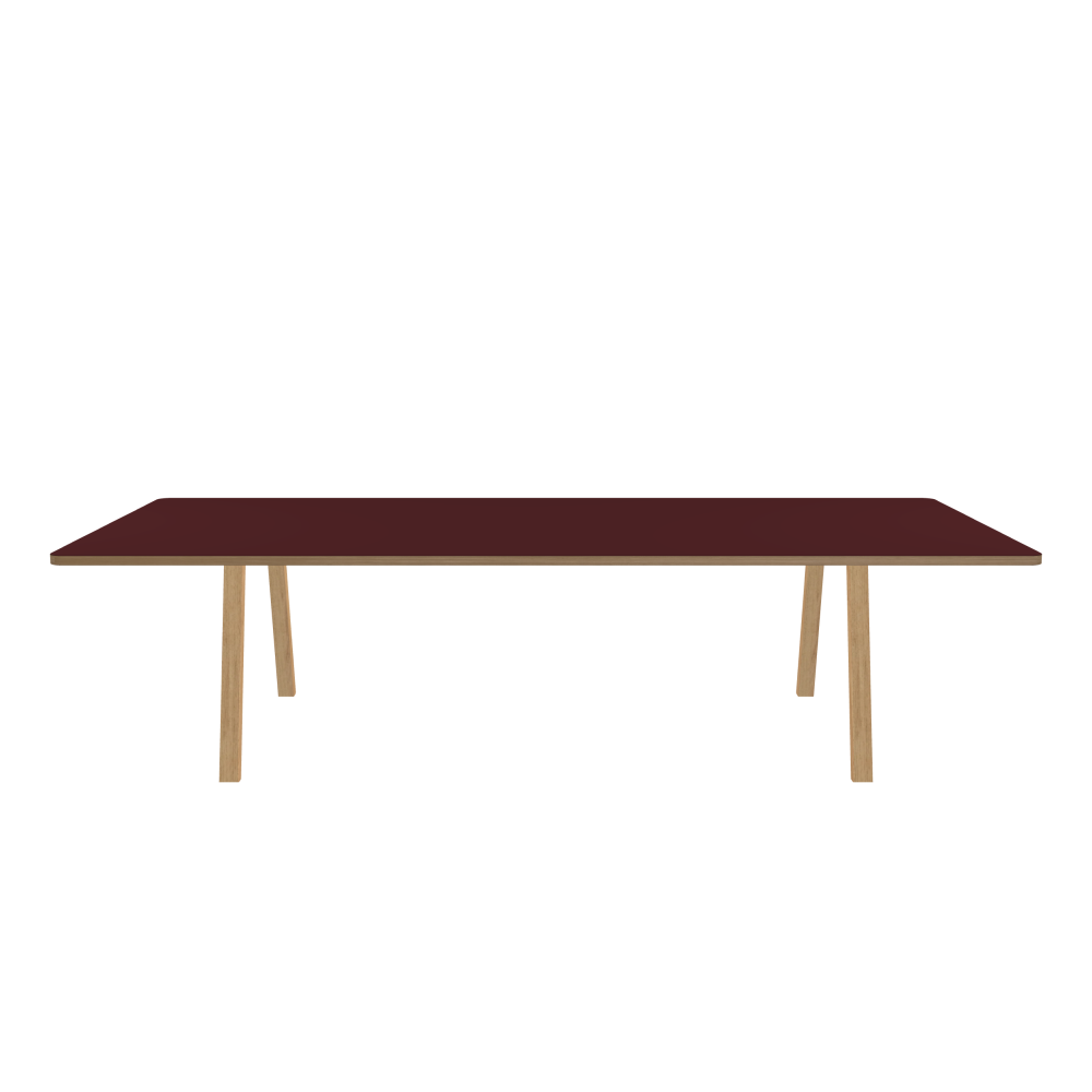 DIN PLUS Tisch - Form Eckig - Länge 300,00 cm - Tiefe 140,00 cm - Radius 5,00 cm - Stärke 3 cm - Freiformfläche 1.00000000 - Oberseite Linoleum, 4154 Burgundy - Kern Stäbchenplatte - Kante Holz, Eiche - Kantenschräge 90° / DIN PLUS Tischgestell - Materialien und Farben Holz, Eiche, matt geölt - Länge 206 cm - Breite L - Tischbeinprofil Rechteckig - Set 2 Stück