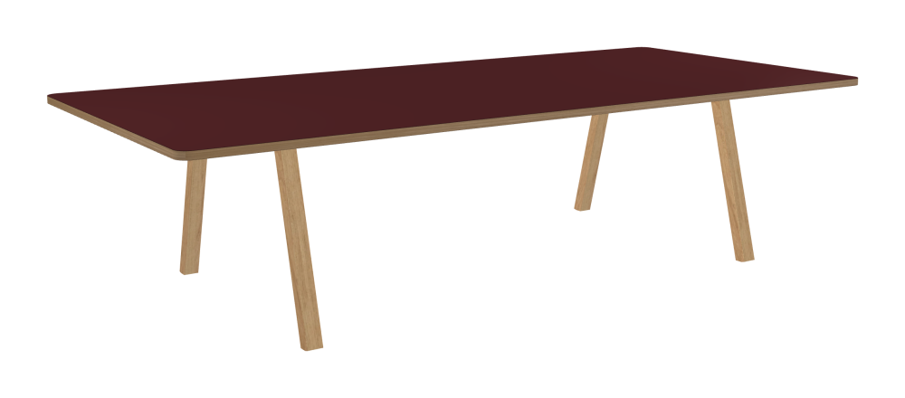DIN PLUS Table - Shape Square - Length 300.00 cm - Width 140.00 cm - Radius 5.00 cm - Thickness 3 cm - Freeform 1.00000000 - Surface Linoleum, 4154 Burgundy - Core Laminboard - Edge Wood, Oak - Profile Edge 90° / DIN PLUS Table Frame - Material and Colour Wood, Oak, matt oiled - Length 206 cm - Width L - Leg Profile Rectangular - Set 2 Pieces