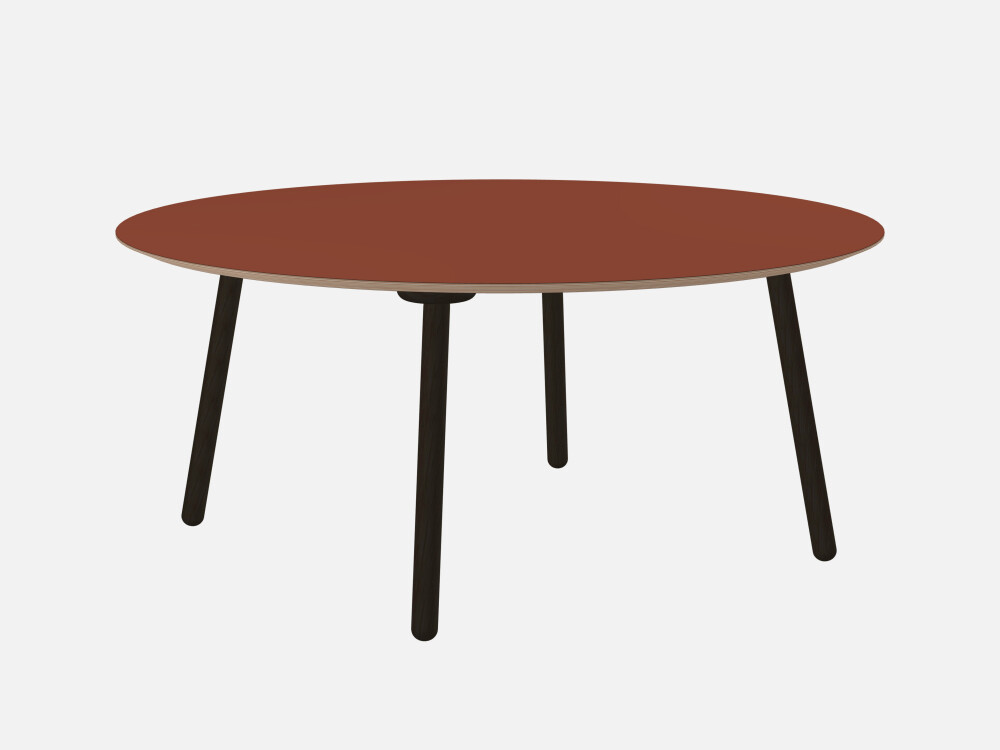 MT2 Table by Murken Hansen with black wooden legs and a round table top in dark red linoleum