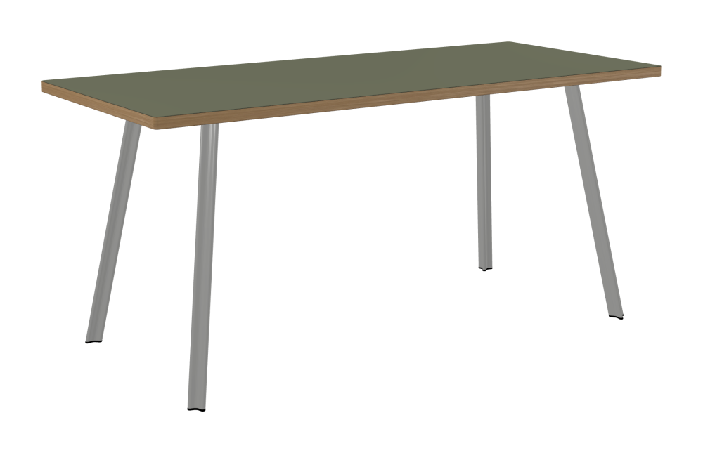BEAM Tisch - Form Eckig - Länge 160,00 cm - Tiefe 70,00 cm - Radius 1,00 cm - Stärke 3 cm - Oberseite Linoleum, 4184 Olive - Kern Stäbchenplatte - Kante Holz, Eiche - Kantenschräge 90° / BEAM Tischbeine - Material und Farbe Aluminium, matt eloxiert - Profilgröße Klein - Höhe 71 cm - Set 4 Tischbeine