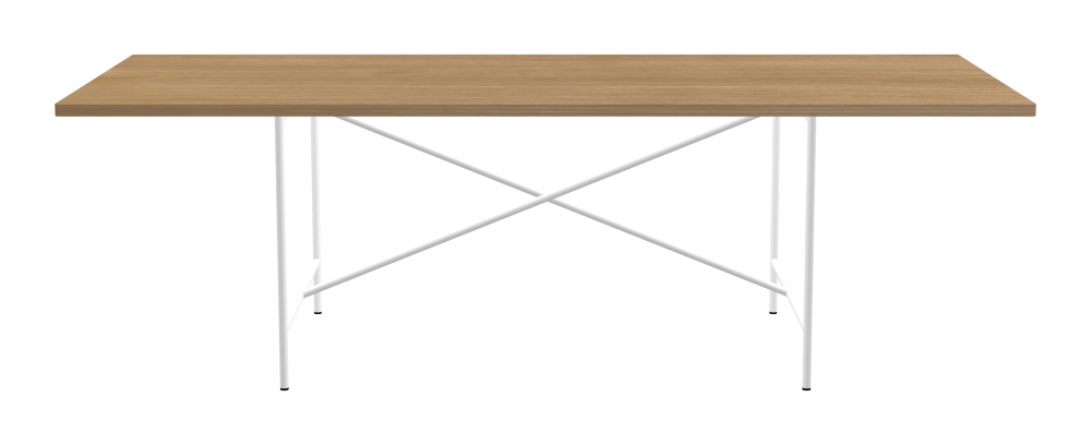 E2 Table - Shape Square - Length 240.00 cm - Width 95.00 cm - Radius 1.00 cm - Thickness 2.9 cm - Surface Wood Veneer, Oak - Core Laminboard - Edge Wood, Oak - Profile Edge 90° / E2 Table Frame - Material and Colour Steel, Traffic white (RAL 9016) - Cross bar Centered - Length 135 cm - Width 78 cm - Height 72 cm