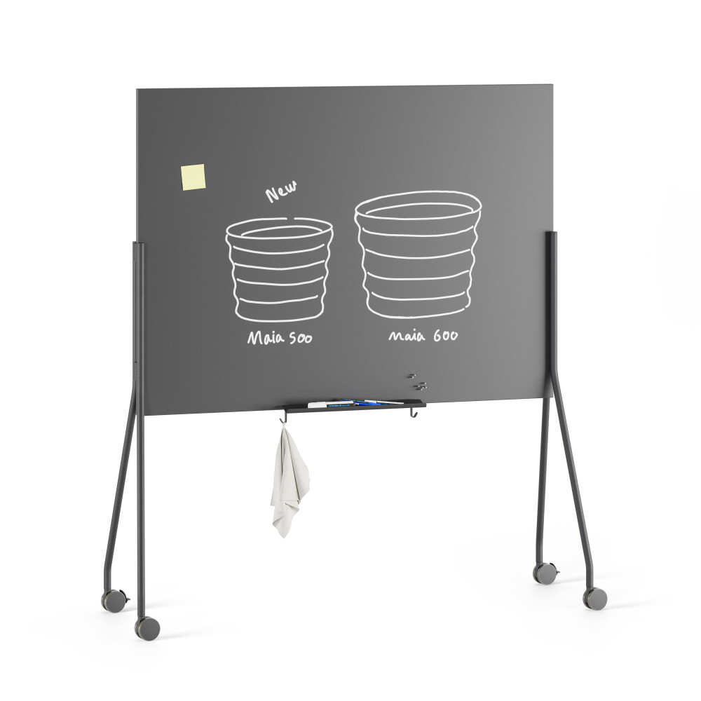 Mobile double-sided black and magnetic whiteboards with black aluminium stands and locking wheels designed by Michel Charlot for FAUST Linoleum