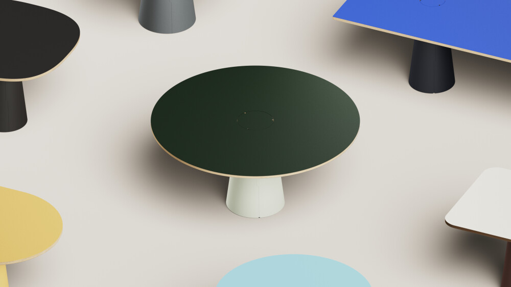 ALT (All Linoleum Table) cone-shaped table base lined with Pure linoleum, designed by Keiji Takeuchi